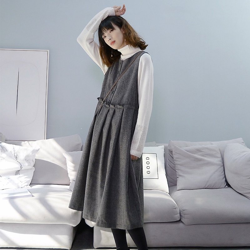 法式复古高腰洋装-灰色|洋装|秋冬款|羊毛呢|独立品牌|Sora-205 - 洋装/连衣裙 - 羊毛 灰色