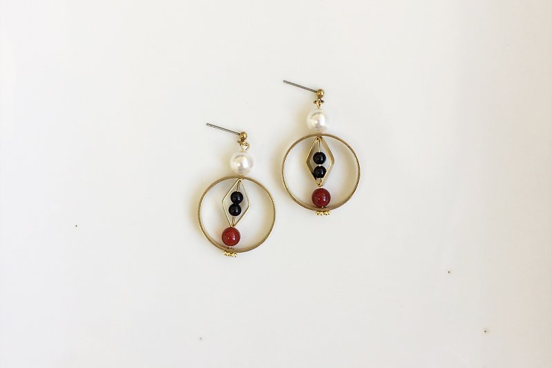 玛瑙轮盘 黄铜珍珠耳环 - 耳环/耳夹 - 其他金属 红色