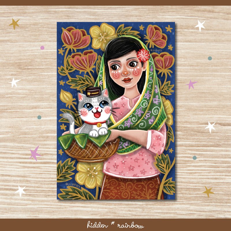 Melur (malay girl) postcard art print - 卡片/明信片 - 纸 蓝色