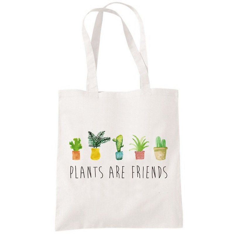 PLANTS ARE FRIENDS #2 帆布男女肩背手提环保购物袋-米白色 植物是我们的朋友 多肉盆栽清新疗愈创意植栽文青艺术 - 侧背包/斜挎包 - 其他材质 白色