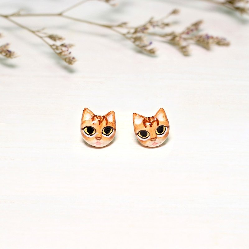 Orange Cat Earrings, Cat Stud Earrings, cat lover gifts - 耳环/耳夹 - 粘土 橘色