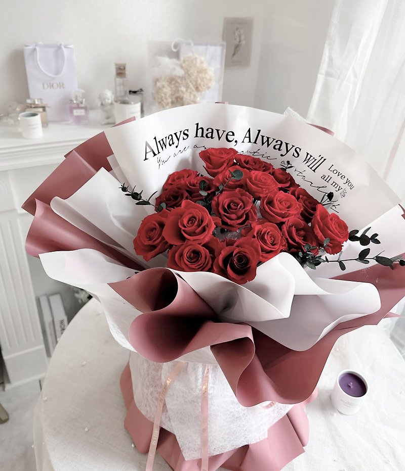顶级永生红玫瑰花束20朵 - 干燥花/捧花 - 植物．花 红色