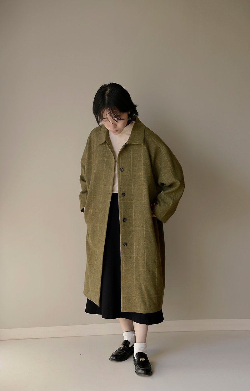 日本草綠混色粗花呢羊毛 帥氣插肩袖大衣 - 女装西装外套/风衣 - 羊毛 绿色