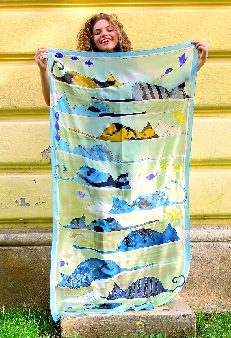 Hand painted silk scarf- Blue Sleeping Cats - 丝巾 - 丝．绢 多色