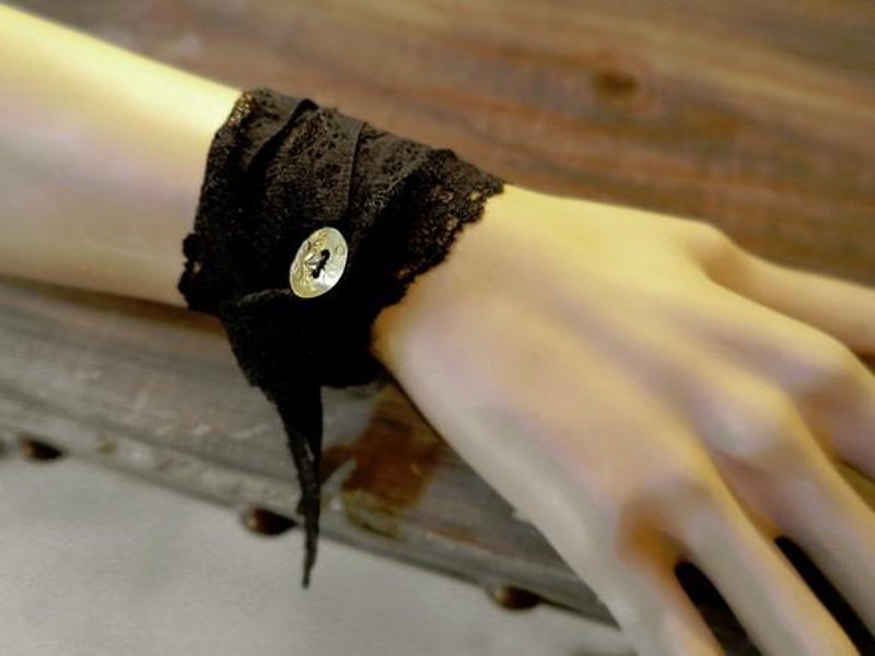 【月の華】レースリボンブレスレット　ブラックA - 手链/手环 - 棉．麻 黑色