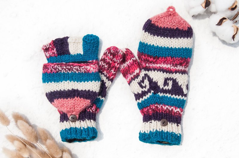 手织纯羊毛针织手套/可拆卸手套/内刷毛手套/保暖手套-马卡龙派对 - 手套 - 羊毛 多色