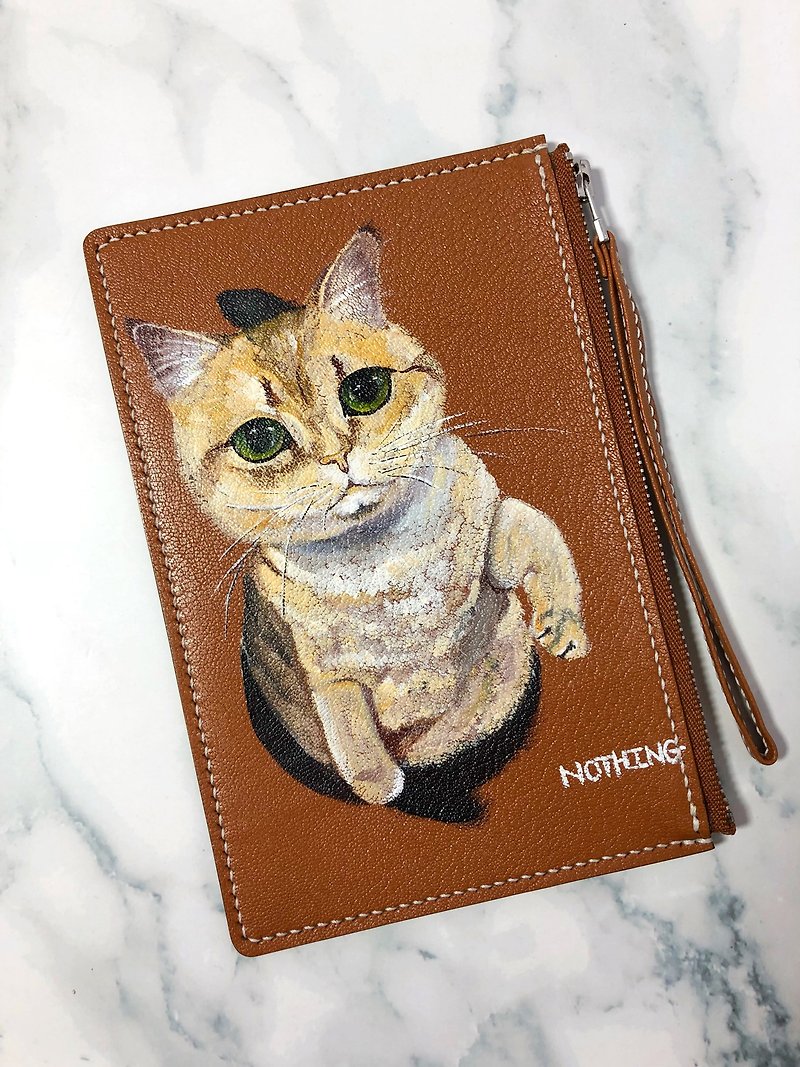手绘图案 撒娇猫真皮零钱包 | 手机包 | 小皮夹 | 手拿包 - 手拿包 - 真皮 咖啡色