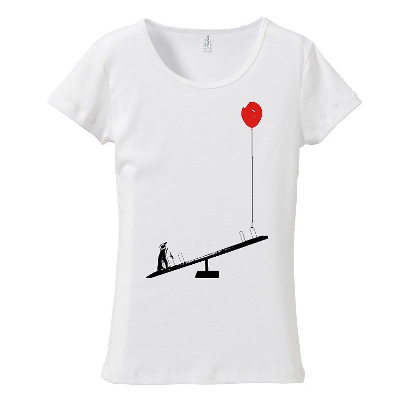 [レディースTシャツ] ペンギンと風船とシーソー - 女装 T 恤 - 棉．麻 白色