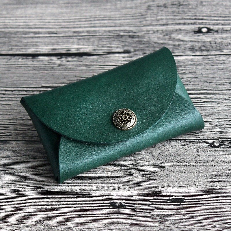 墨绿雕花扣手工真皮名片盒 头层牛皮名片夹 卡包 零钱包 免费刻字 - 零钱包 - 真皮 绿色