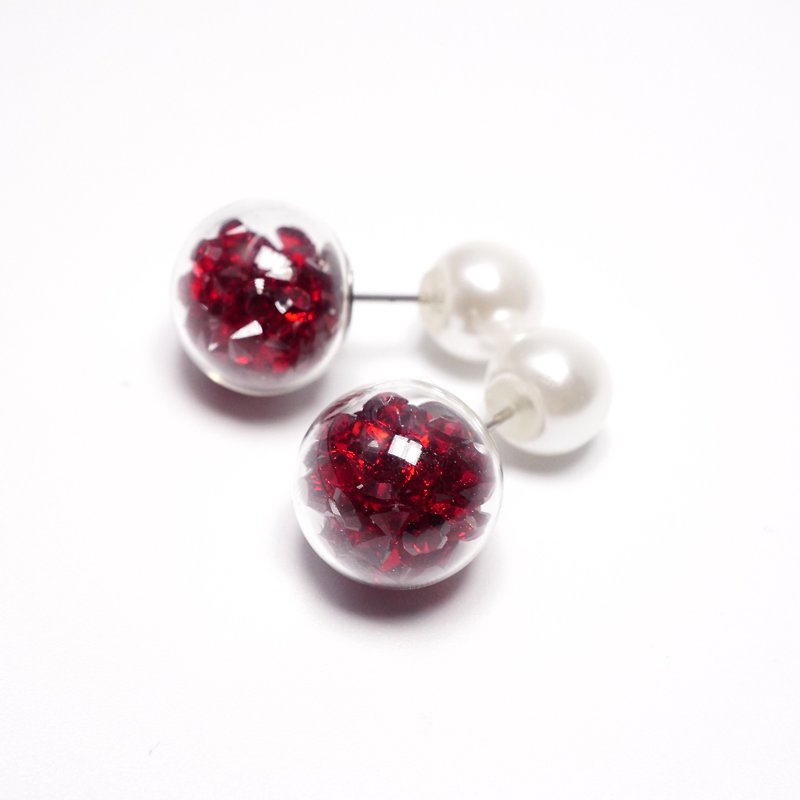 A Handmade 红色水晶玻璃球配珍珠前后耳环 - 耳环/耳夹 - 玻璃 