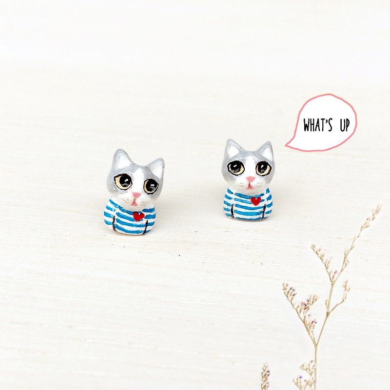 Cool cat wearing blue striped shirt earrings, Cat Stud Earrings, cat lover gifts - 耳环/耳夹 - 粘土 多色