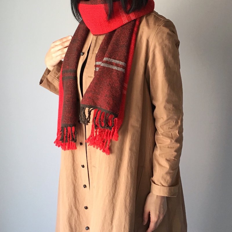 ユニセックス・手織りマフラー Brown and Red Mix - 围巾/披肩 - 羊毛 红色