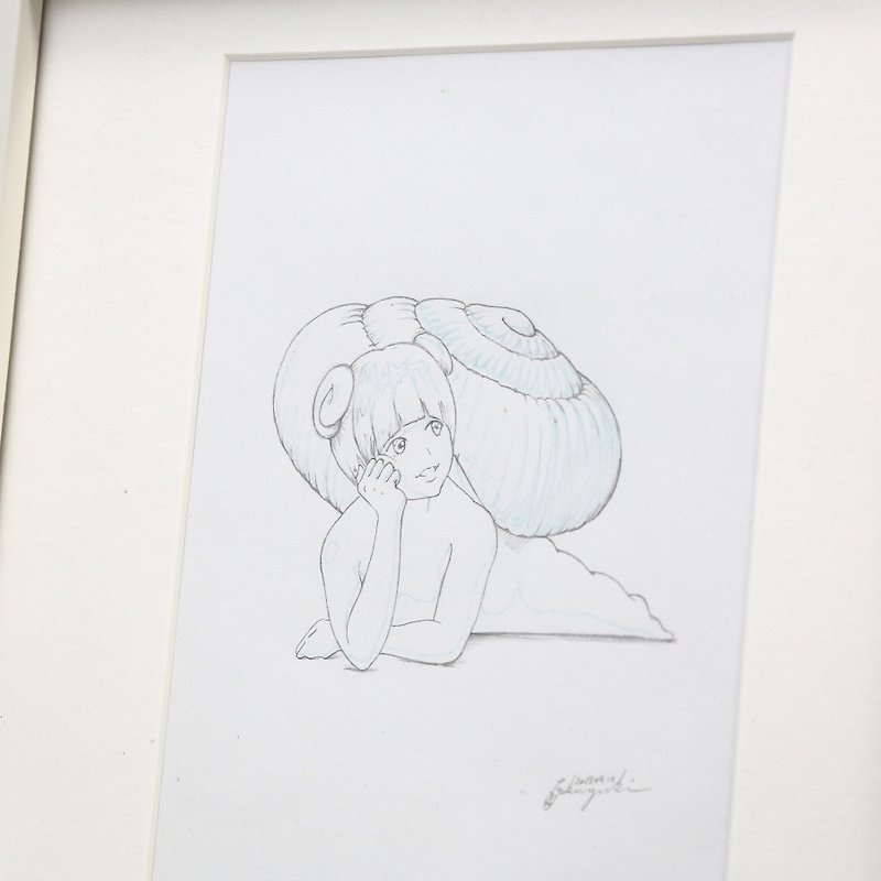 Original pencil drawing/ Snail girl Maimai on the window side 2017.04.10 (Framed) - 海报/装饰画/版画 - 纸 白色