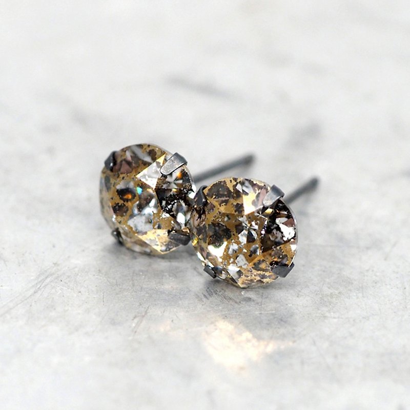 金色陨石施华洛世奇水晶 - 耳钉耳环 - 黑925纯银 - 8毫米圆形 - 耳环/耳夹 - 其他金属 金色