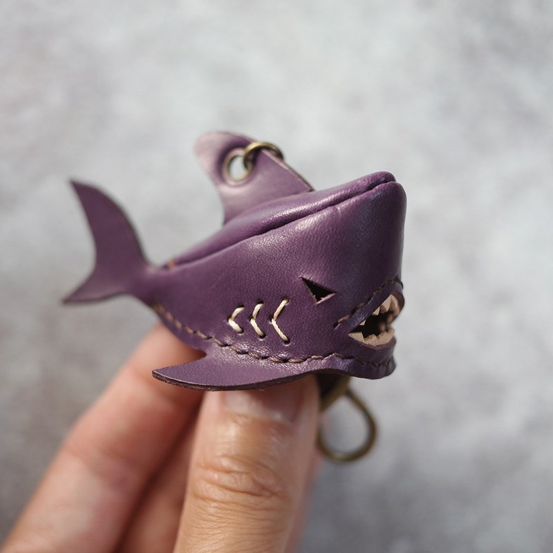 纯手工制 迷你 紫色 鲨鱼 钥匙圈 shark Key holder - 钥匙链/钥匙包 - 真皮 紫色