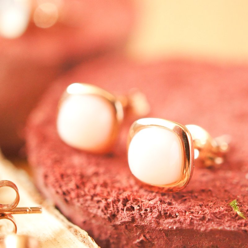 6mm 枕形卜面粉红蛋白石纯银电18K 玫瑰金耳针耳环 - 耳环/耳夹 - 宝石 粉红色