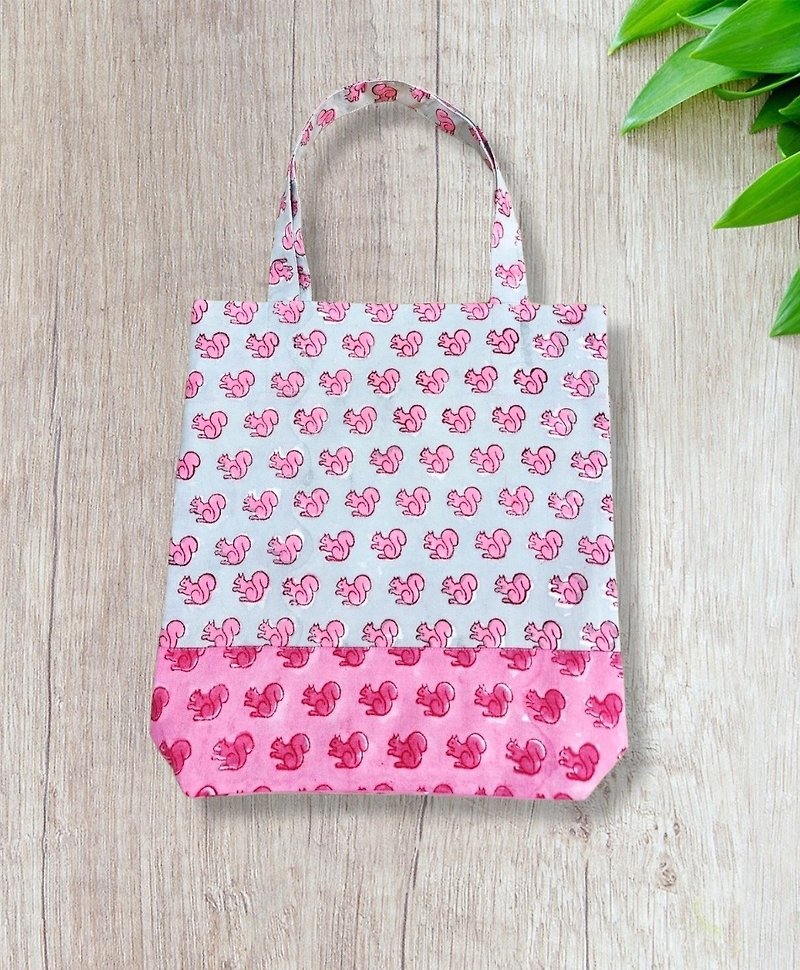 Indian Hand Block Print Tote Bag (Grey-pink) - 手提包/手提袋 - 棉．麻 粉红色