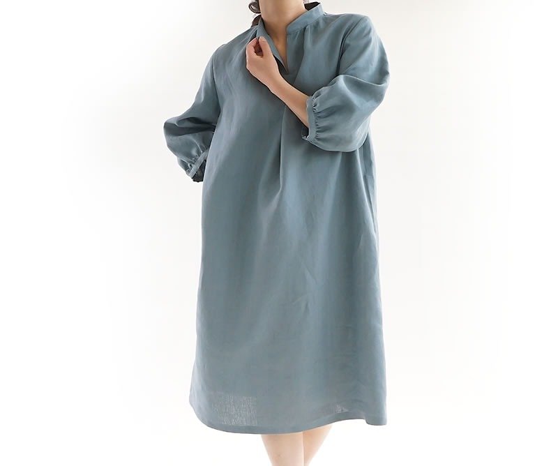 Linen stand collar Fluffy sleeve dress / Veil pasteille a18-5 - 洋装/连衣裙 - 棉．麻 蓝色