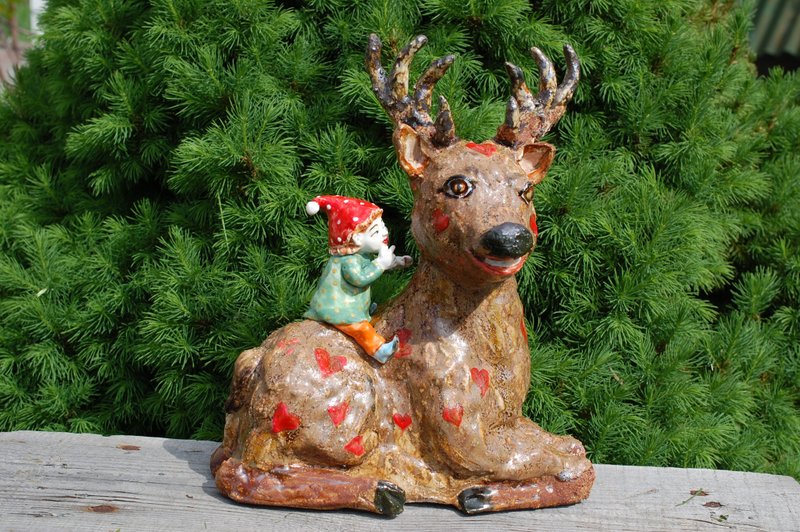 Deer sculpture Elf figurine Forest tale Ceramic statuette Pixie boy Figurines - 花瓶/陶器 - 陶 多色