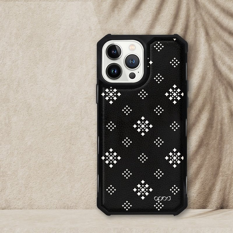 iPhone 13全系列军规防摔皮革磁吸手机壳-花砖棱纹(上光版)黑壳