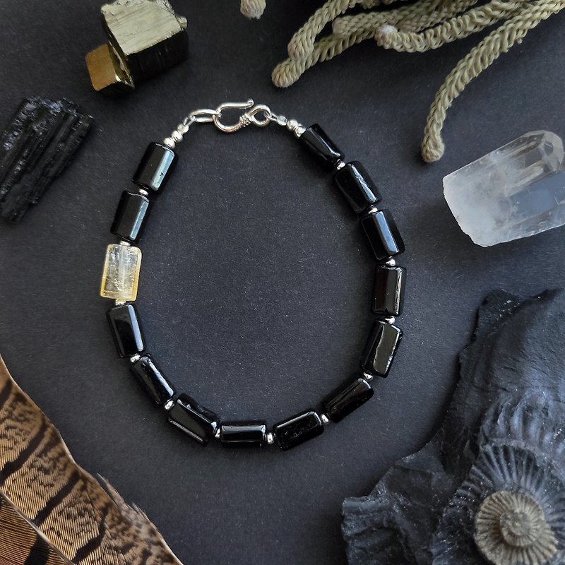 黑色碧玺手链配黄水晶和银/ 保护、幸福护身符 - 手链/手环 - 半宝石 黑色