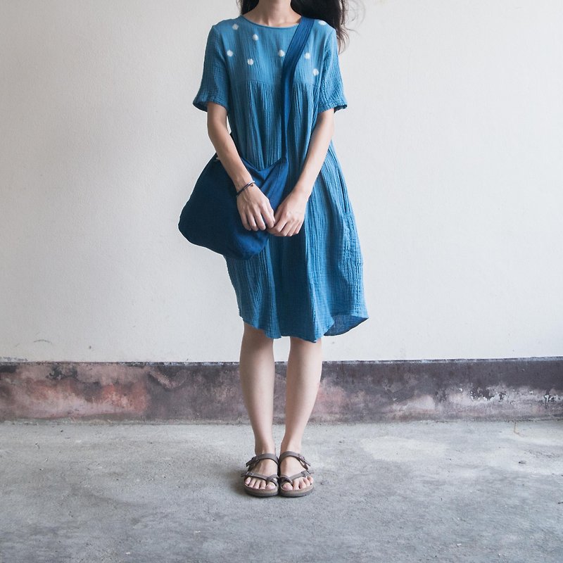 polka dot dress | indigo dyed soft cotton | 04 - 洋装/连衣裙 - 棉．麻 蓝色