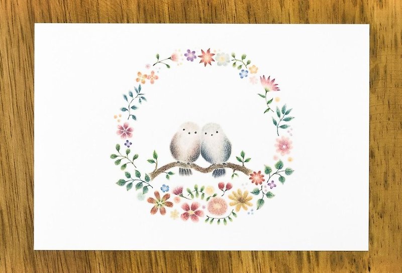 絵本のような。ポストカード "花の輪と二羽の小鳥" (2枚セット) PC-33 - 卡片/明信片 - 纸 红色