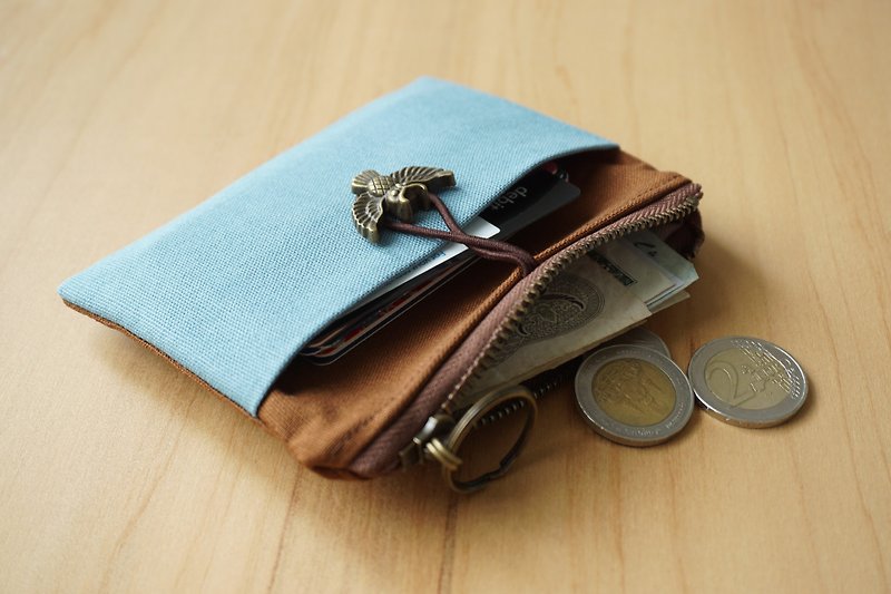 男 女 礼物 - 钱包 – 焦糖色 vs. 蓝色 - 交换 - 零钱包 - 棉．麻 蓝色