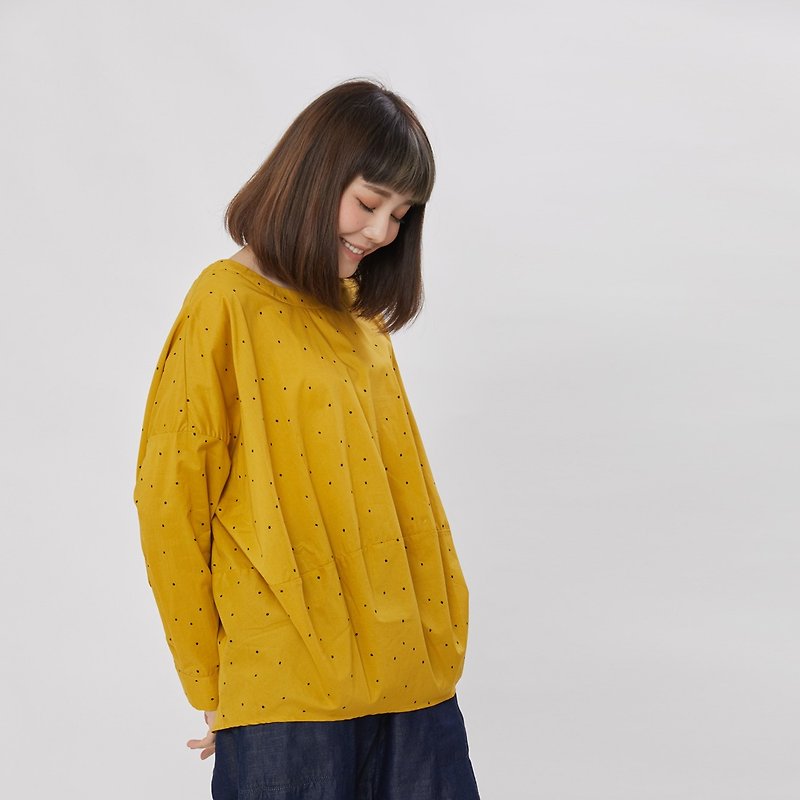 Namiya 球型長袖棉質上衣/黑點黃 - 女装上衣 - 棉．麻 黄色