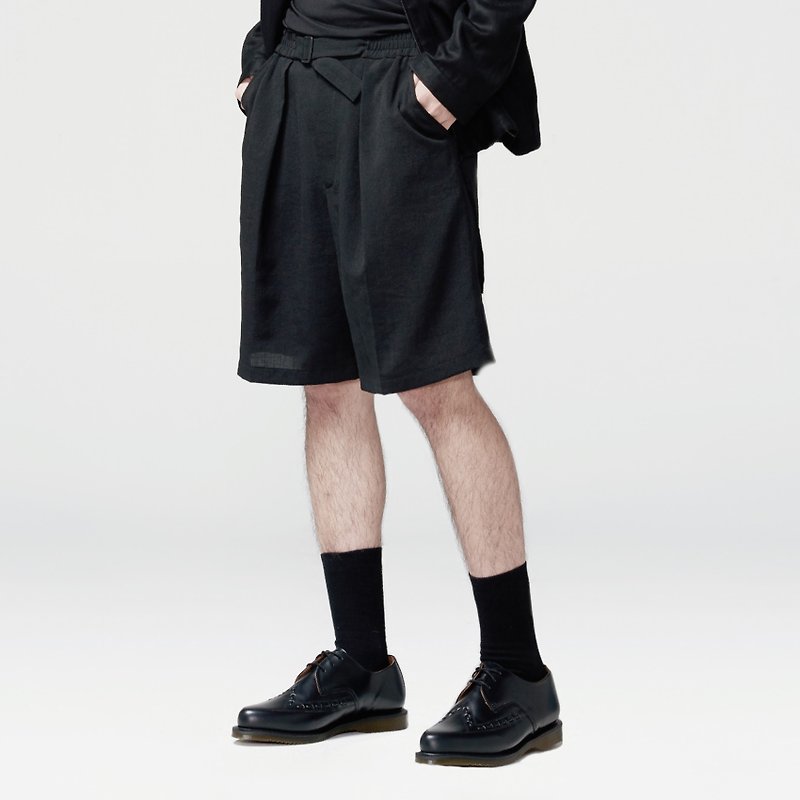 TRAN - 西装料单褶拳击裤 - 男士长裤 - 聚酯纤维 黑色