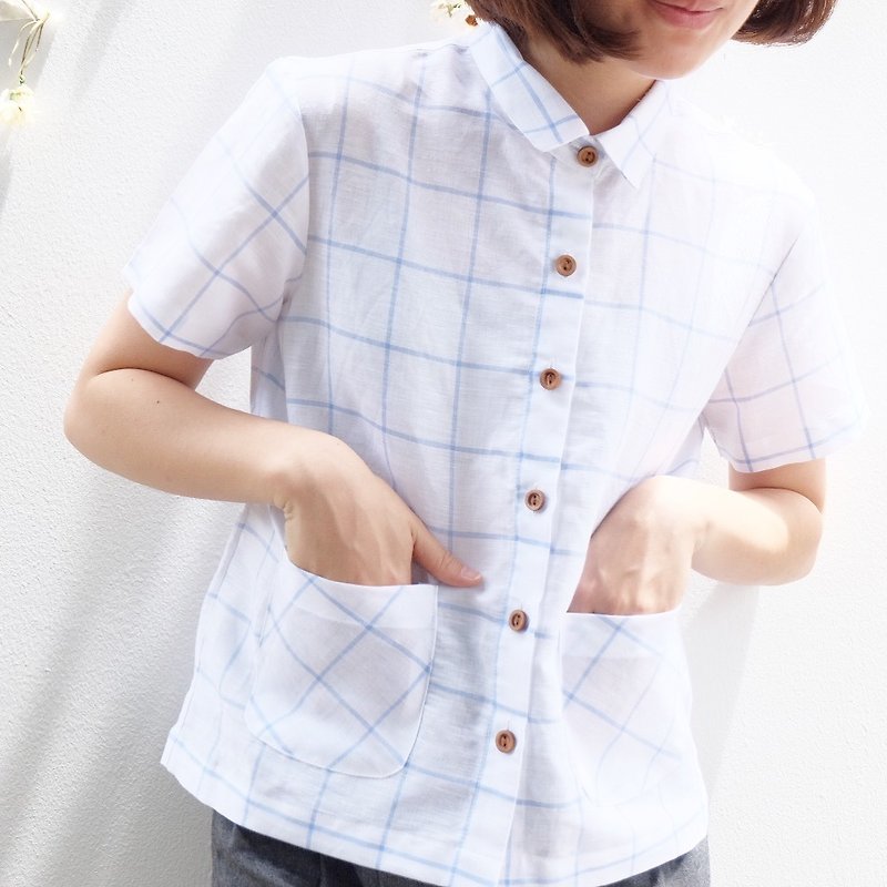 Mini-Pockets Shirt : Chess Pattern - 女装上衣 - 棉．麻 白色