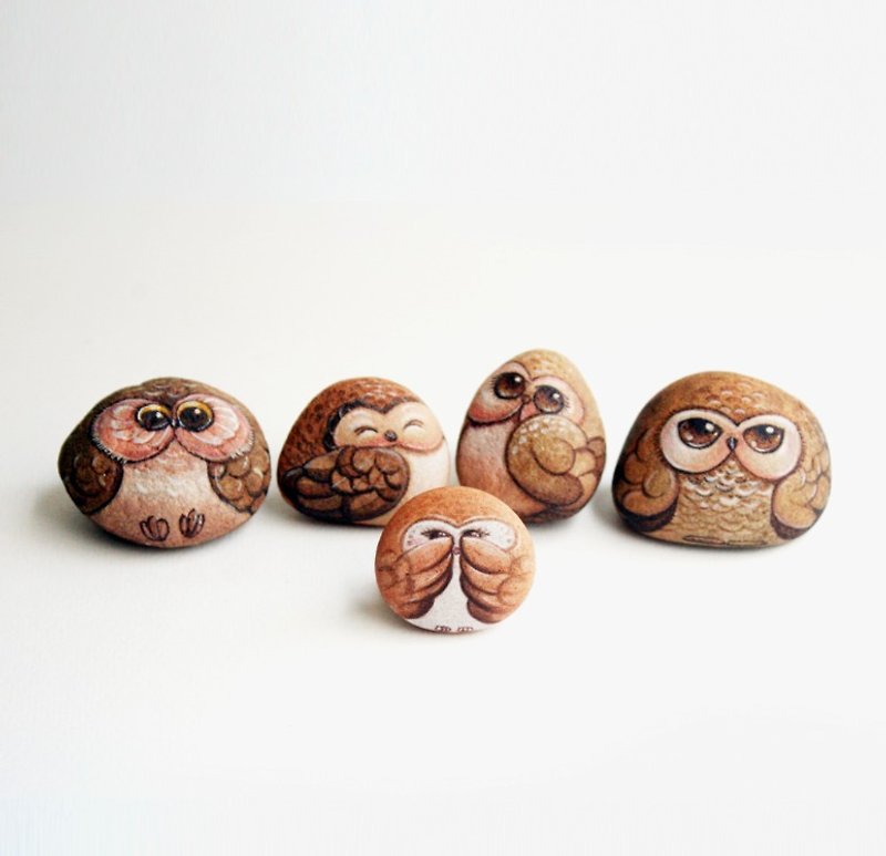 Owl family. (Stone painting) - 其他 - 石头 咖啡色