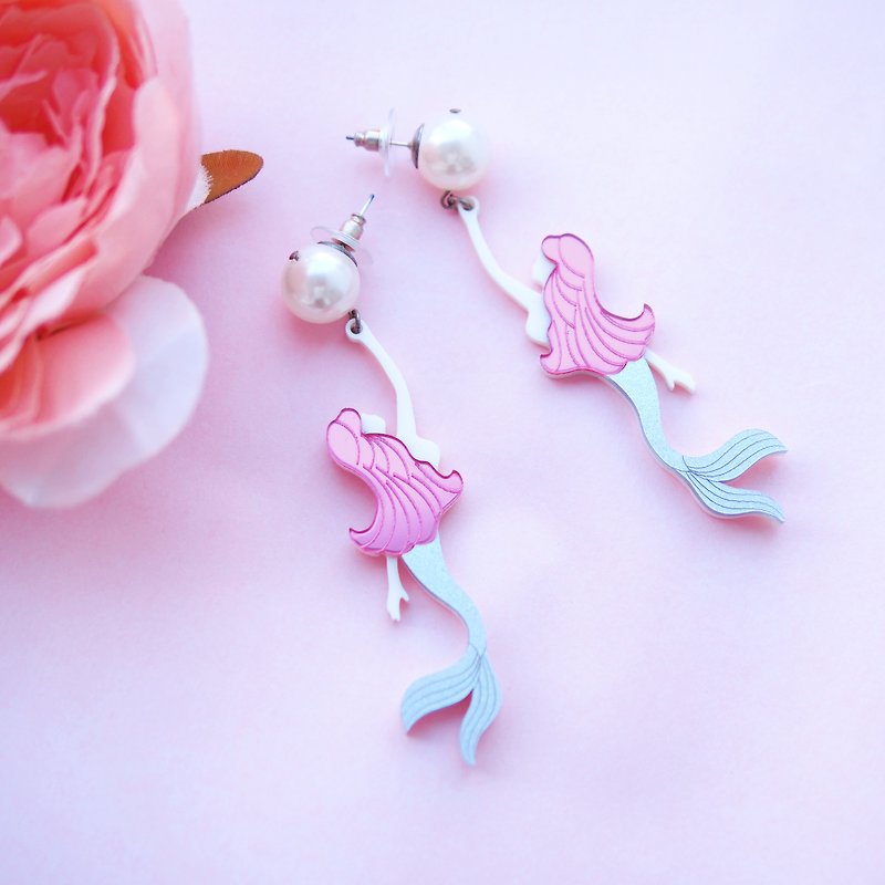 美人鱼珍珠耳环 - 耳环/耳夹 - 压克力 粉红色