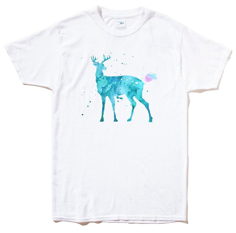 Splash Deer 短袖T恤 白色 麋鹿 彩色 水彩 插画 鹿 宇宙 设计 自创 品牌 银河系 时髦 圆 三角形 - 男装上衣/T 恤 - 棉．麻 白色