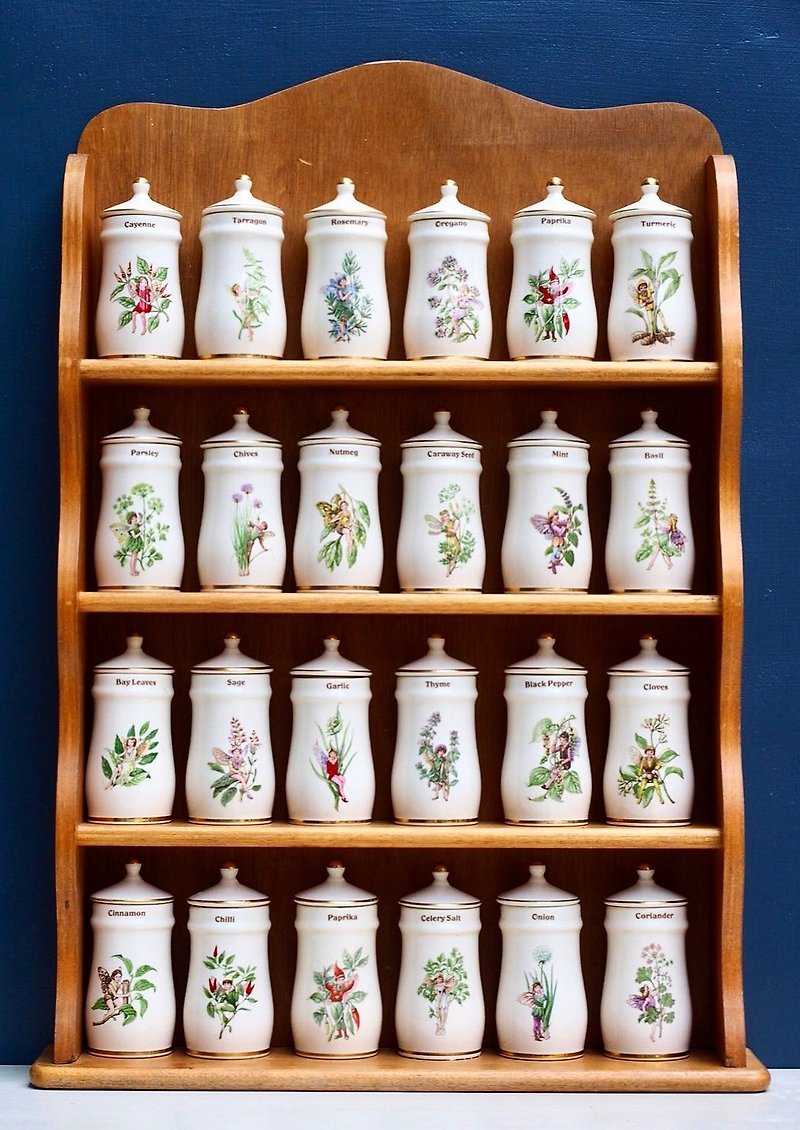 英国小精灵古董香料罐木架组 - 调味罐/酱料瓶 - 瓷 