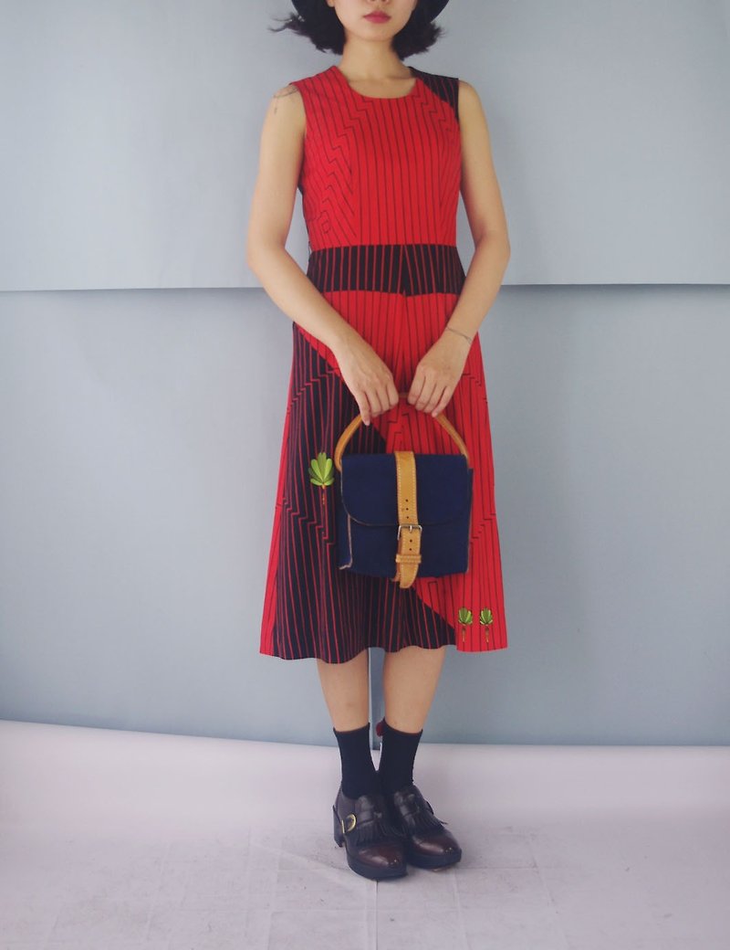 寻宝古着-60年代红黑色块针织无袖复古洋装 - 洋装/连衣裙 - 其他人造纤维 红色