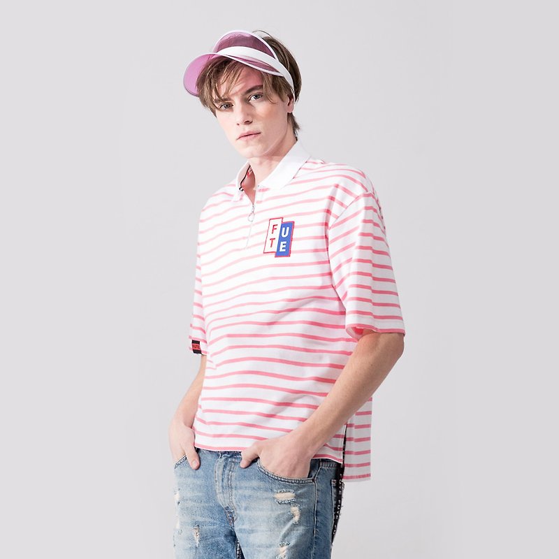 中性款 短版 宽松落肩 Polo shirt / 粉白条 - 男装上衣/T 恤 - 棉．麻 粉红色