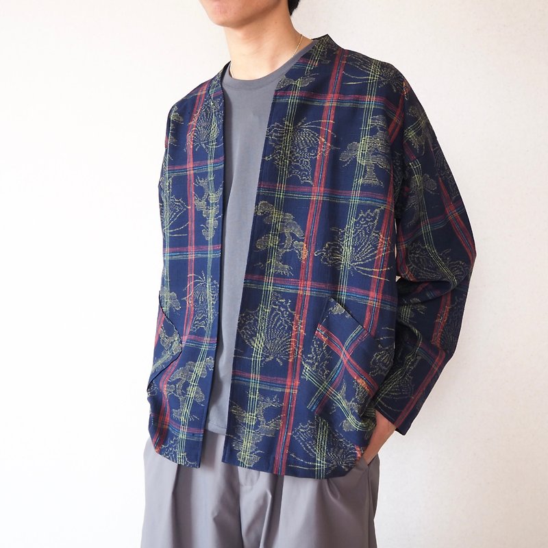 【日本制造】超长袖、格子和服夹克男士、升级改造服装、礼物 - 男装外套 - 丝．绢 蓝色