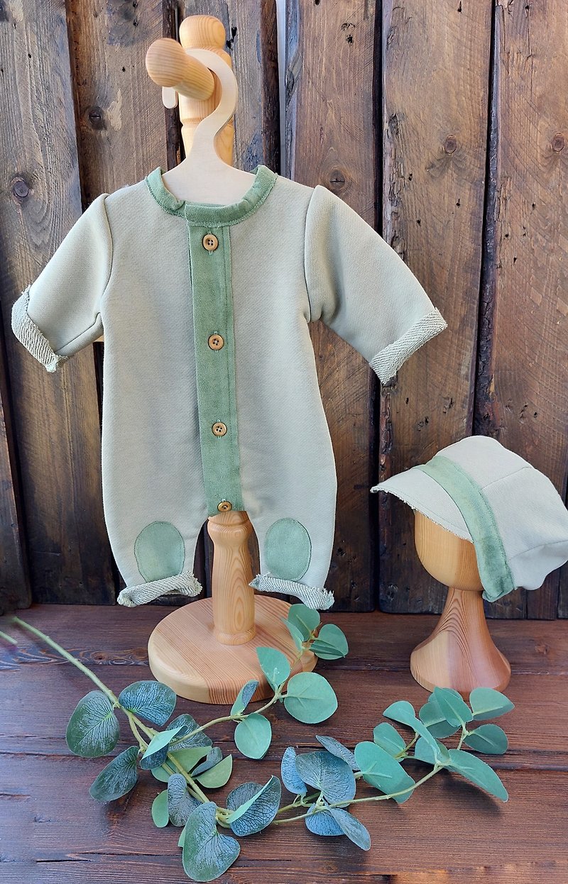Newborn boy photoshoot outfits overalls, romper and hat for photography props, - 包屁衣/连体衣 - 棉．麻 绿色
