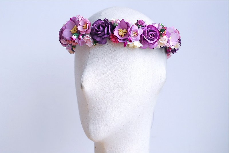 Paper Flower, Bridal flower crown, headband, daisy, roses cherry blossom and creeping lady in purple color. - 发饰 - 纸 紫色