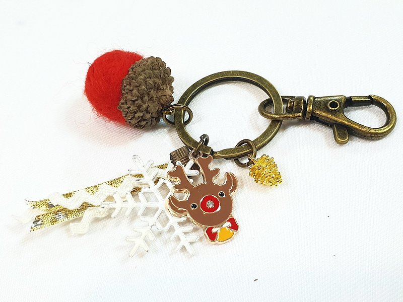Paris*Le Bonheun。幸福森林。圣诞麋鹿。羊毛毡橡果松果钥匙圈 - 钥匙链/钥匙包 - 其他金属 红色