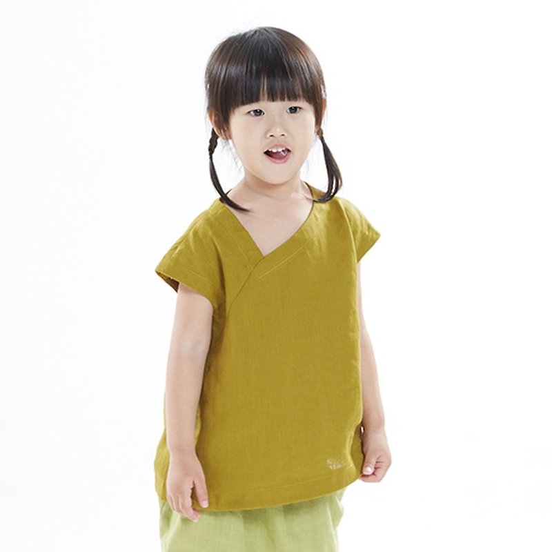 L0147 开斜襟包袖女童上衣-黄绿 - 其他 - 棉．麻 绿色