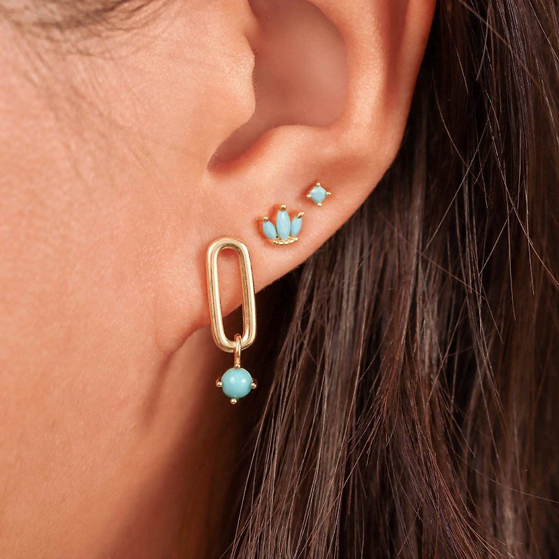 歐美風小眾個性潮流藍松石s925銀耳環組合 耳釘 耳扣 潮人 鑲鑽 - 耳环/耳夹 - 银 金色