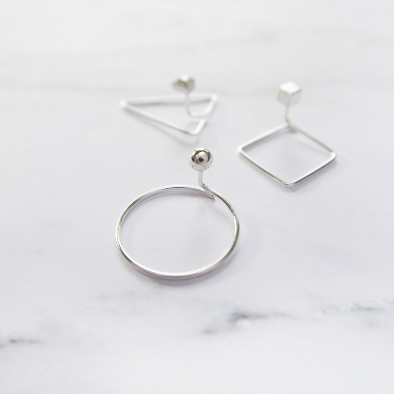 经典款-925纯银 几何圈 耳环-圆-方-三角-角面 耳环或耳夹　一对 - 耳环/耳夹 - 纯银 银色