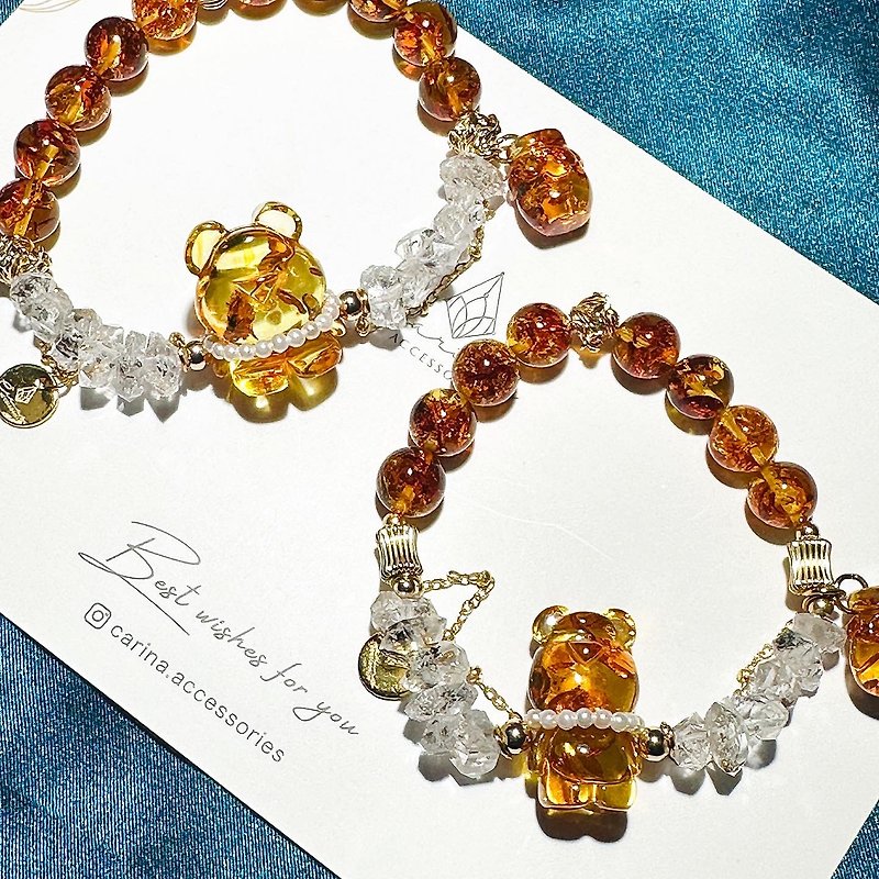 Carina accessories 花珀 蜜蜡 闪灵 水晶 设计 花珀熊 超美 - 手链/手环 - 水晶 橘色