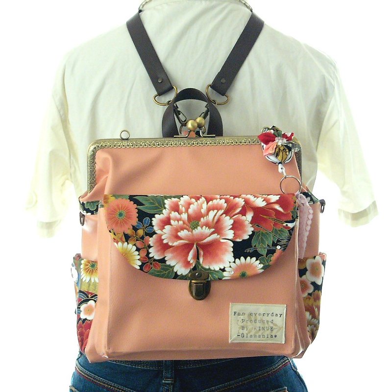 ３WAY撫子大人のランドセル　フルセット　Japanese pattern　牡丹ピンク - 后背包/双肩包 - 真皮 粉红色