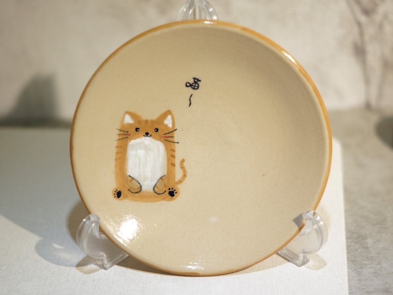 猫咪手绘陶盘,餐盘,菜盘,水果盘,点心盘-直径约15.4厘米 - 盘子/餐盘/盘架 - 陶 白色