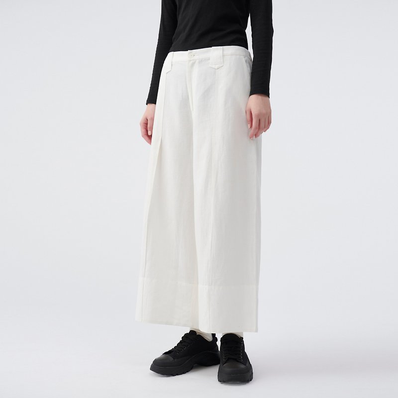 TRAN - 低活褶宽松八分裤 (微瑕疵品出清) - 女装长裤 - 棉．麻 白色