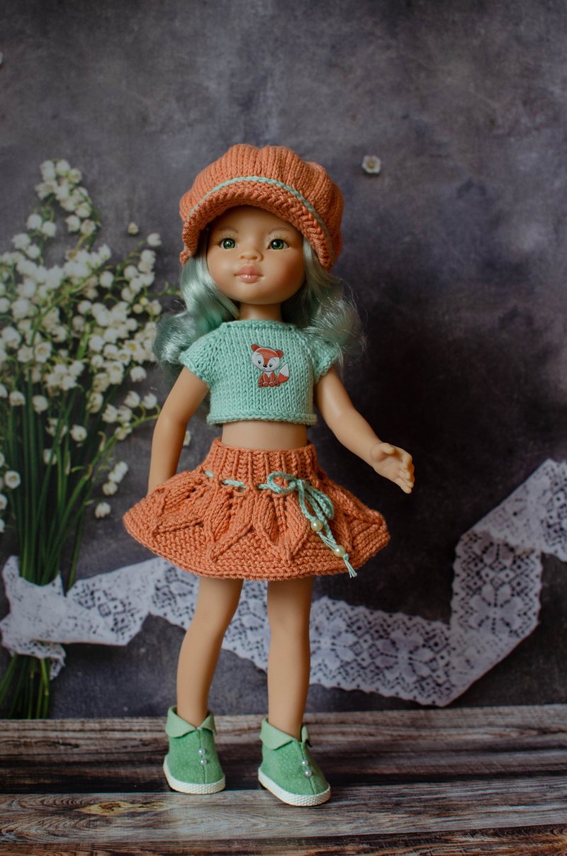 Knitted top, hat and skirtt for Paola Reina doll - 玩具/玩偶 - 棉．麻 多色