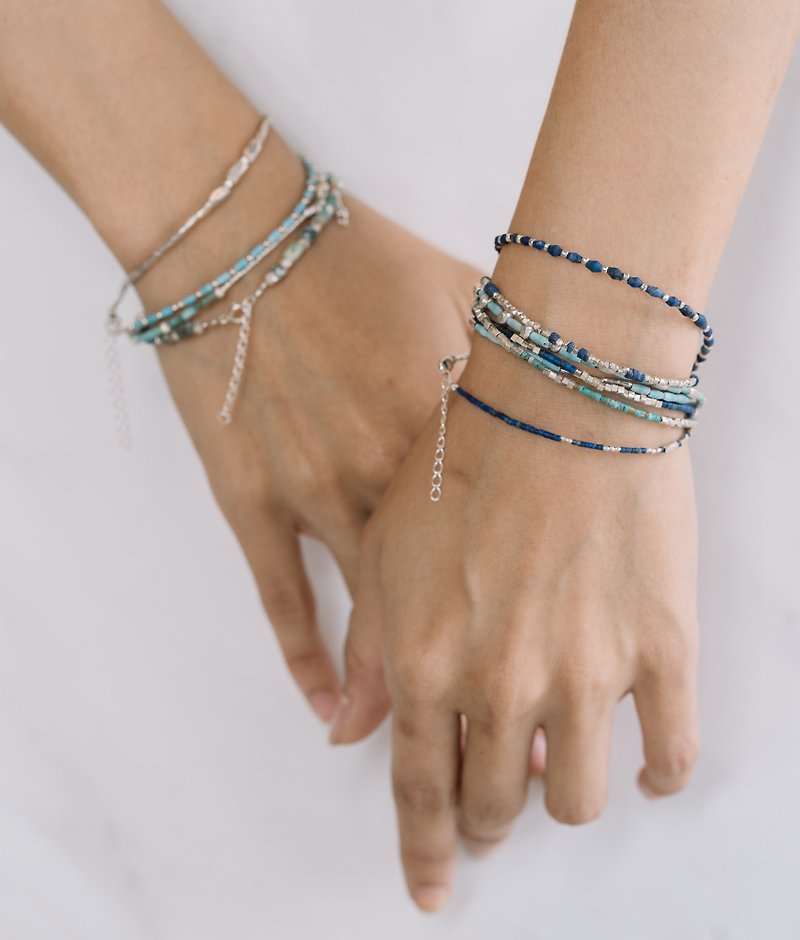 Turquoise or lapis lazuli and cube silver beads bracelet (B0071) - 手链/手环 - 银 多色